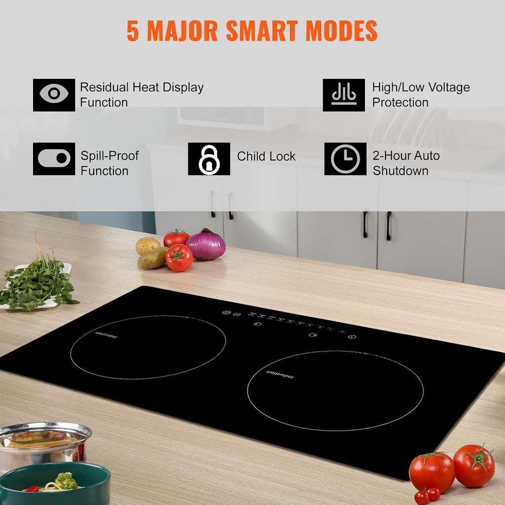 VEVOR Electric Cooktop, 2 Burners, 24'' Induction Stove Top, Built-in Magnetic Cooktop 1800W, 9 Heating Level Multifunctional Burner, LED Touch Screen w/Child Lock & Over-Temperature Protection