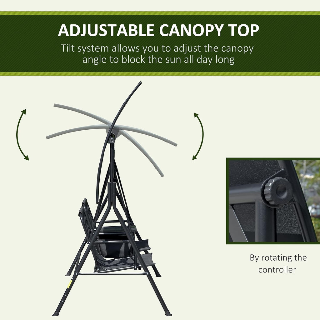 Outsunny 2-Seater Patio Swing Chair, Outdoor Canopy Swing Glider with Pivot Storage Table, Cup Holder, Adjustable Shade, Bungie Seat Suspension and Weather Resistant Steel Frame, Black