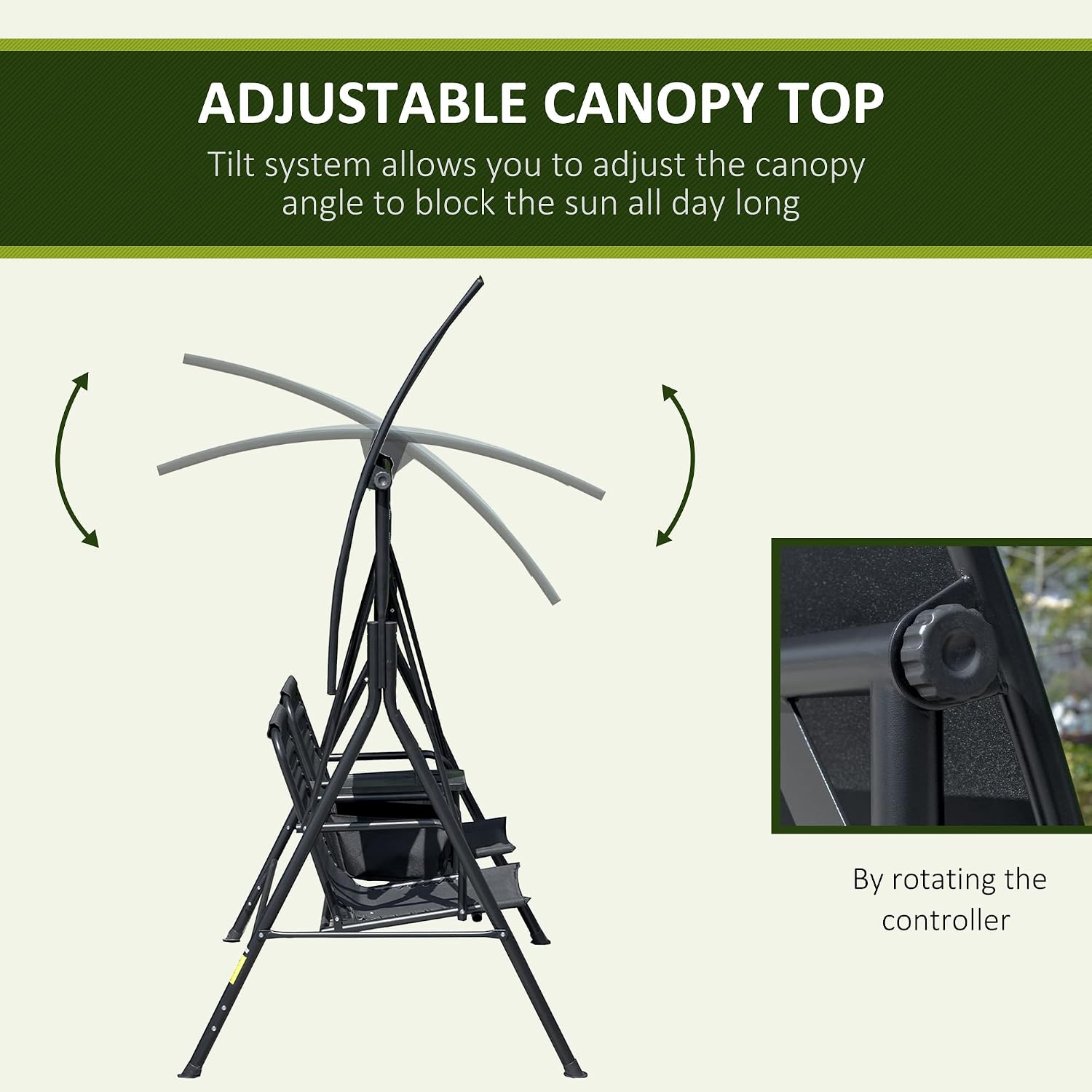 Outsunny 2-Seater Patio Swing Chair, Outdoor Canopy Swing Glider with Pivot Storage Table, Cup Holder, Adjustable Shade, Bungie Seat Suspension and Weather Resistant Steel Frame, Black
