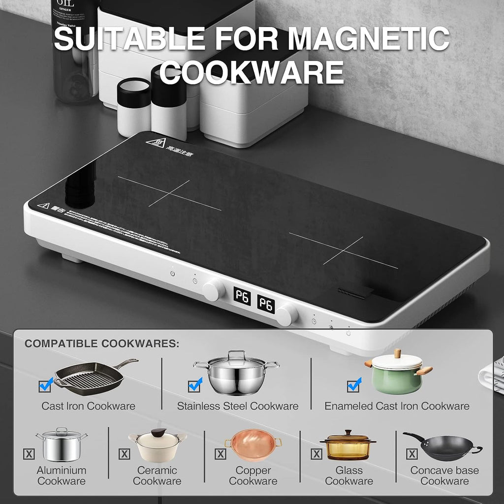 Induction Cooktop 2 Burners with Removable Cast Iron Griddle Pan Non-stick, 1800W Sensor Touch 9 Power Levels, 99 Min Timer, Suitable for Kitchen,Great for Family Party
