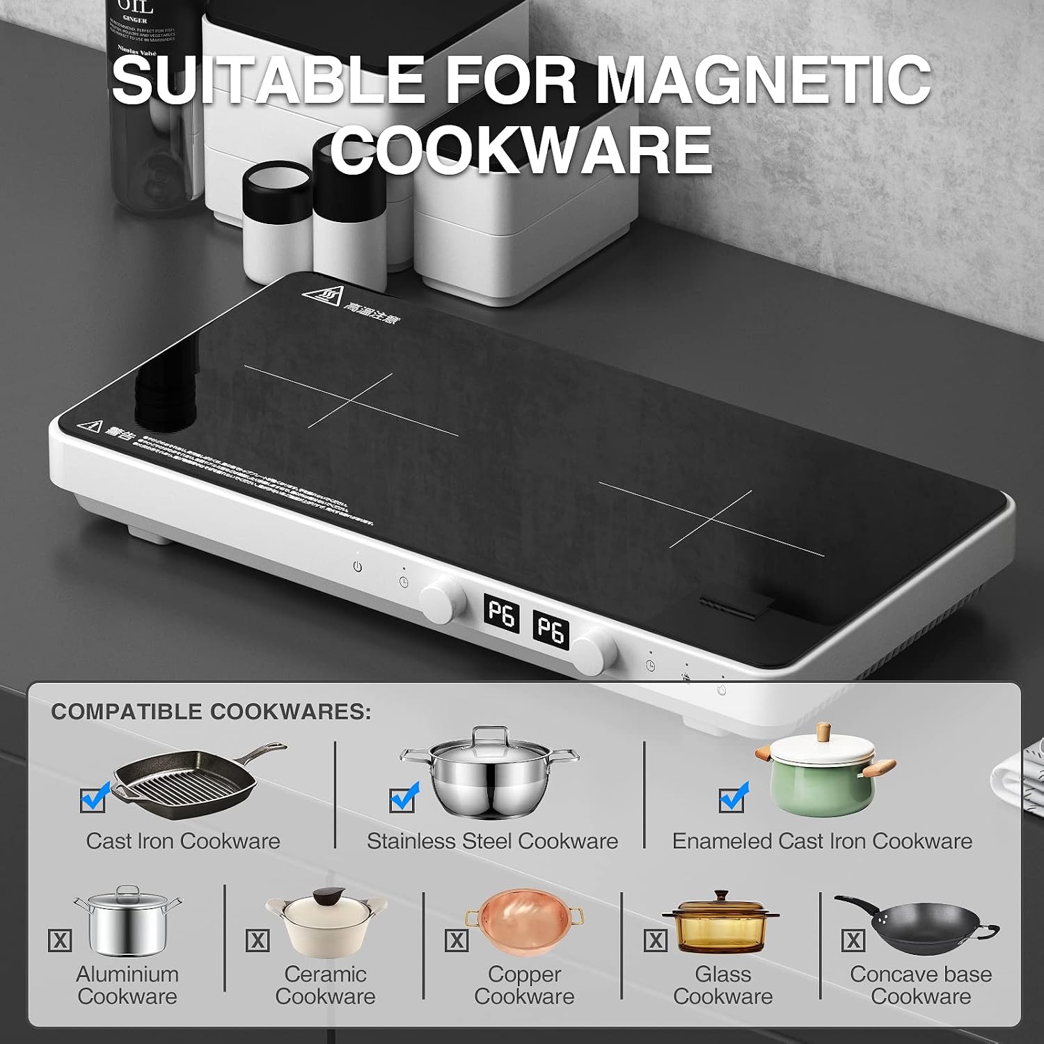 Induction Cooktop 2 Burners with Removable Cast Iron Griddle Pan Non-stick, 1800W Sensor Touch 9 Power Levels, 99 Min Timer, Suitable for Kitchen,Great for Family Party