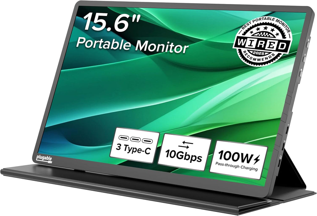 Plugable 15.6' USB-C Portable Monitor with 100W Pass-Through Charging | 2X USB-C 10Gbps Hub | FHD 1920x1080 IPS Display for Mac, Windows, iPad, Smartphone | 1.85lbs, Travel Cover/Stand Included