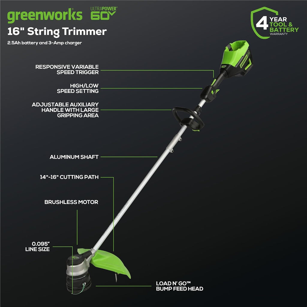 Greenworks 60V 16' Brushless Cordless String Trimmer - 65min Runtime for 2-Mile Fence Lines & Large Properties, 2X Quieter Than Gas, 2.5Ah Battery/Charger Included