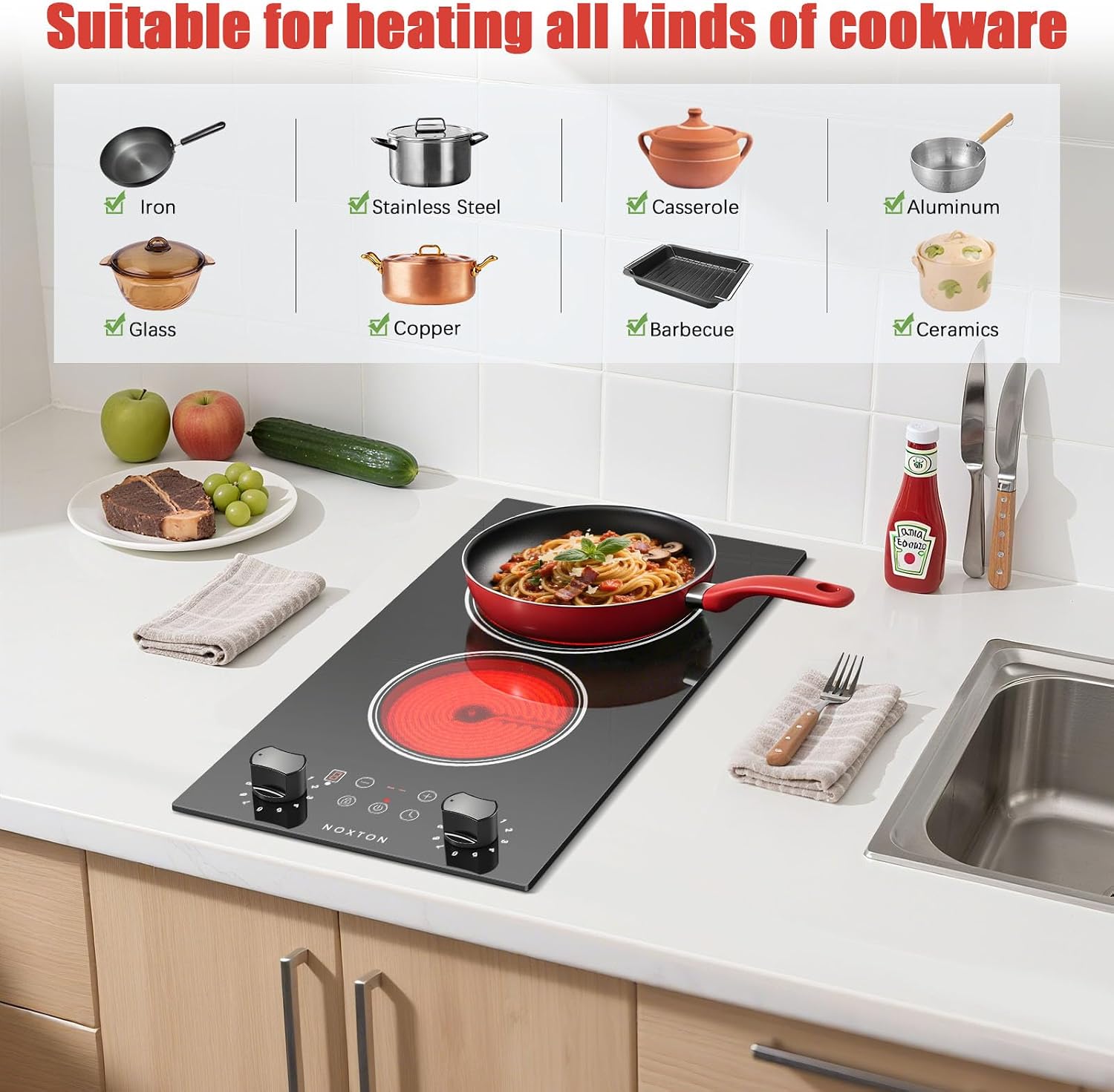 Noxton 2 Burners Electric Cooktop, 12 Inch 110V Radiant Ceramic Stove with Knob & Touch Control, 2000W Built-in or Countertop Electric Hot Plate, Timer, Child Lock, Residual Heat Indicator(YS)