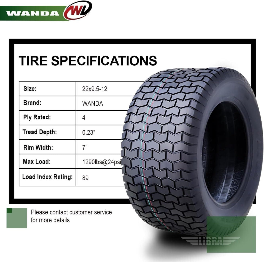 WANDA 22X9.5-12 Lawn Mower Tractor Cart Turf Tires 4 Ply 22x9.5x12 -Set 2-13135