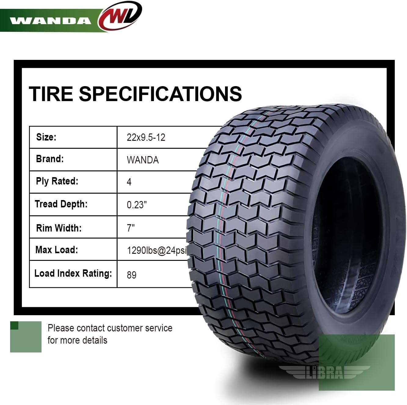WANDA 22X9.5-12 Lawn Mower Tractor Cart Turf Tires 4 Ply 22x9.5x12 -Set 2-13135