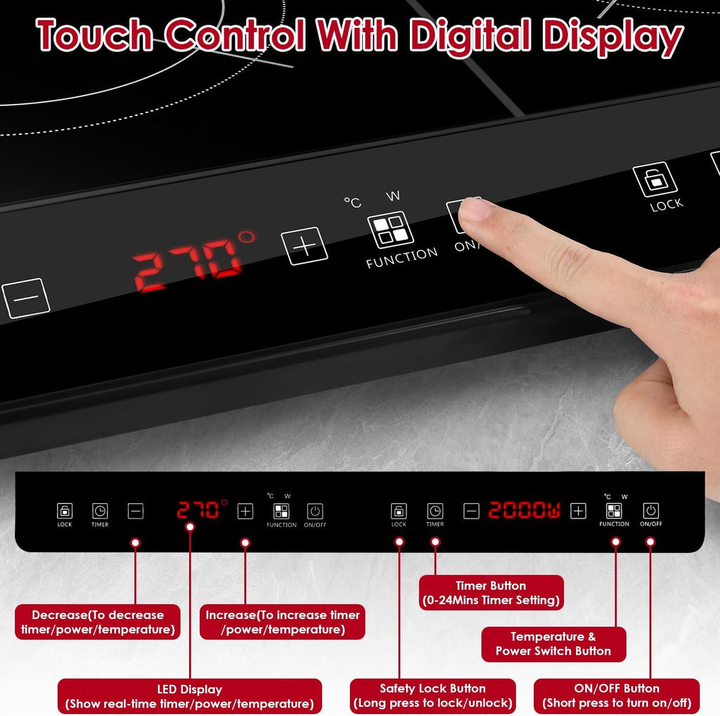 Double Induction Cooktop, 4000W Portable Induction Cooker with 2 Burner Independent Control, Electric Stove with 9 Level Temperature Control, 3 Hour Timer, Safety Lock
