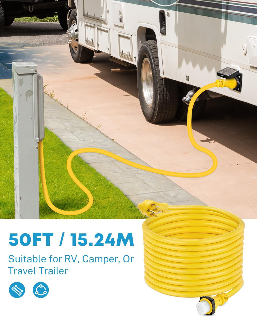 Kohree 50' RV Extension Cord 50 Amp Generator Cord, 50 Amp RV Power Cord with Grip Handle, NEMA 14-50P to SS2-50R Twist Lock, 30M/50F Adapter Included, 6/3+8/1 Gauge STW Wire, ETL Listed
