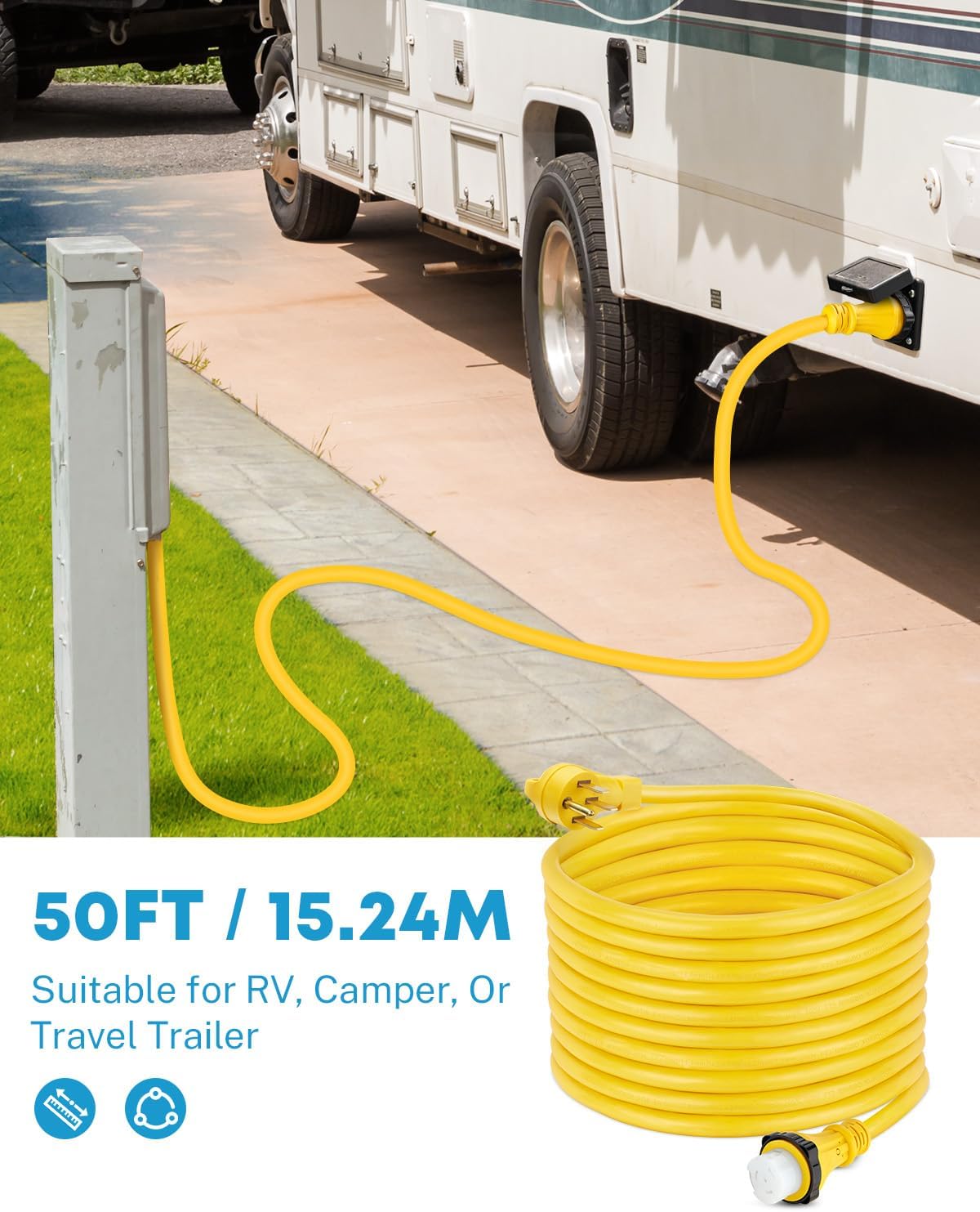 Kohree 50' RV Extension Cord 50 Amp Generator Cord, 50 Amp RV Power Cord with Grip Handle, NEMA 14-50P to SS2-50R Twist Lock, 30M/50F Adapter Included, 6/3+8/1 Gauge STW Wire, ETL Listed