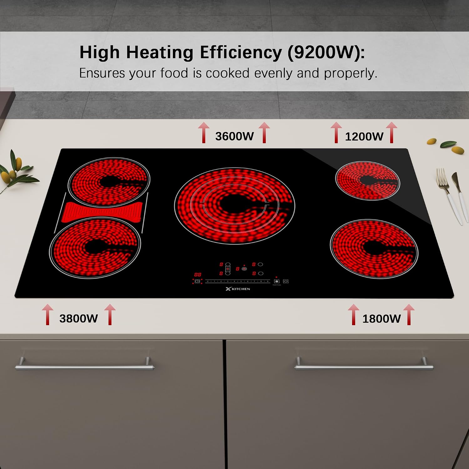 Electric Cooktop 36 Inch Ceramic Stove - 5 Burners Built-in 220-240V Black Cooktop, Touch Control, Child Lock, 9 Power Levels, Timer (9200W)