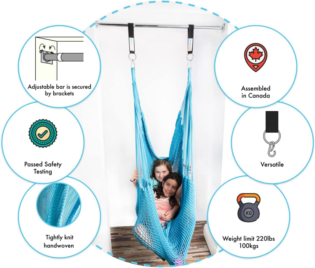 DreamGYM Doorway Hammock Swing - Hammock Chair with Stand in Door Frame- Sensory Swing for Adults and Children - Sky Blue