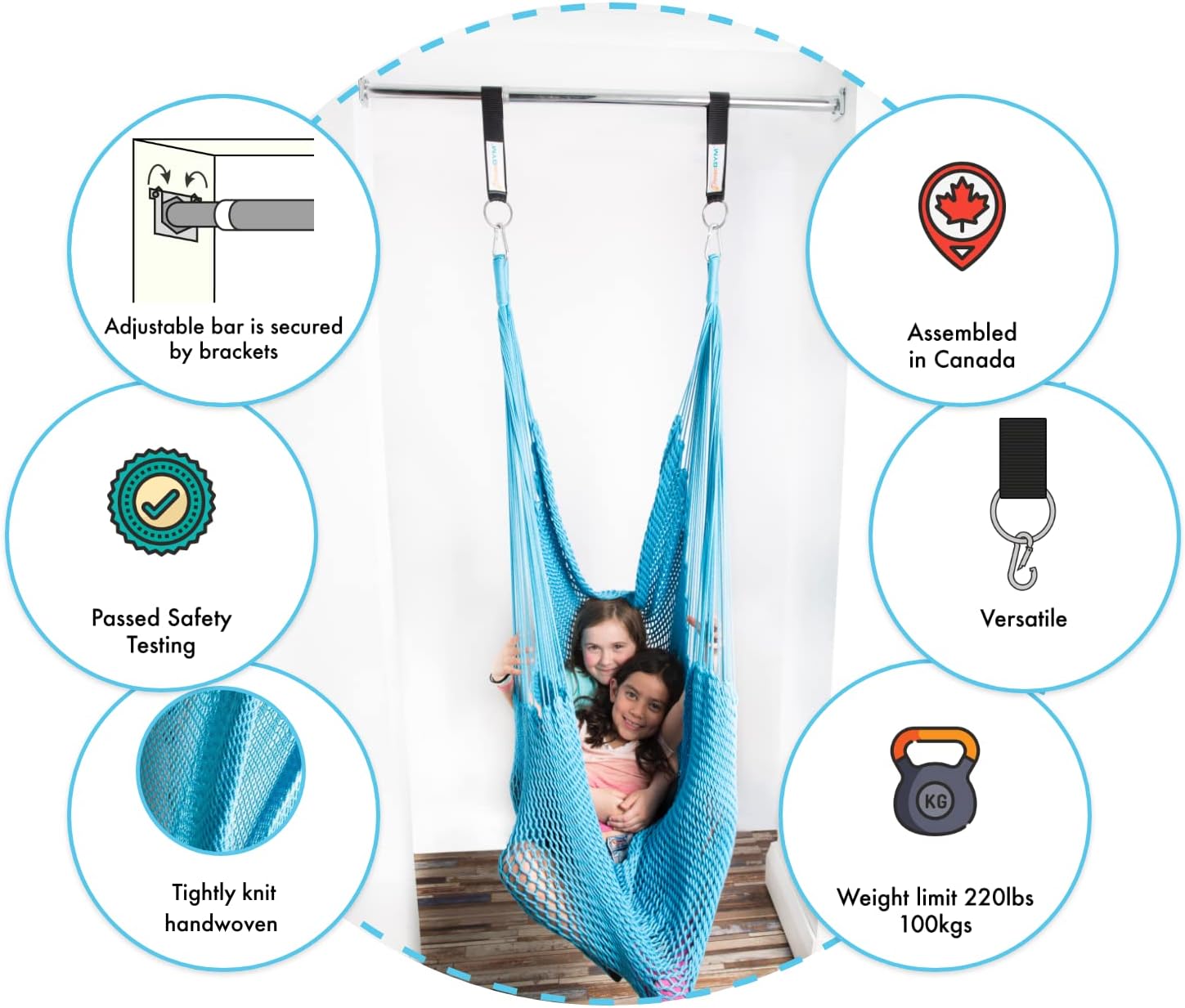 DreamGYM Doorway Hammock Swing - Hammock Chair with Stand in Door Frame- Sensory Swing for Adults and Children - Sky Blue
