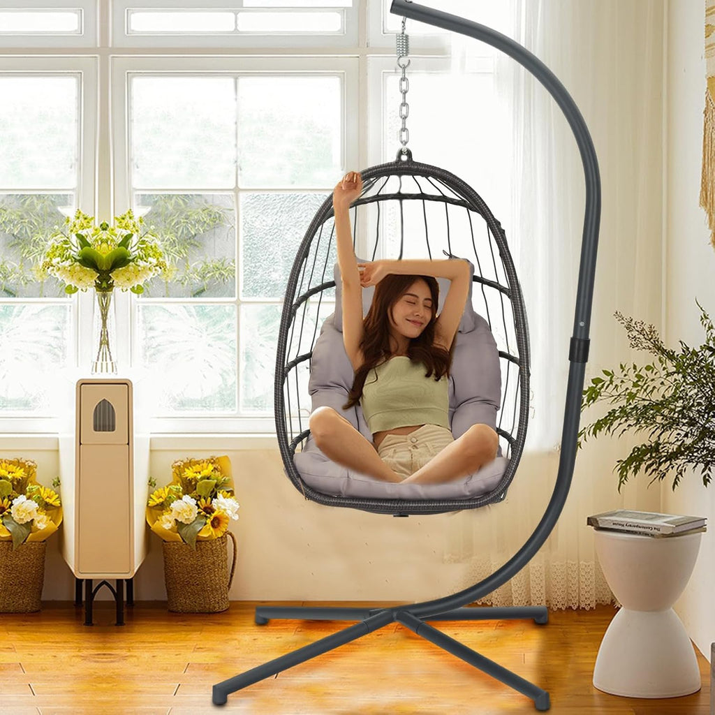 Indoor Outdoor Patio Wicker Hanging Chair Swing Chair Patio Egg Chair UV Resistant Cushion Aluminum Frame (LIGHT GREY)