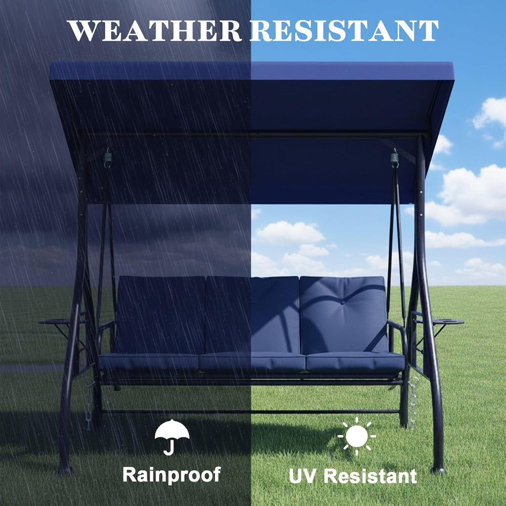3 Seat Outdoor Porch Swing Chair with Adjustable Canopy, Patio Glider Swing Bed with Removable Cushion & Foldable Side Tray for Garden Backyard Deck Blue