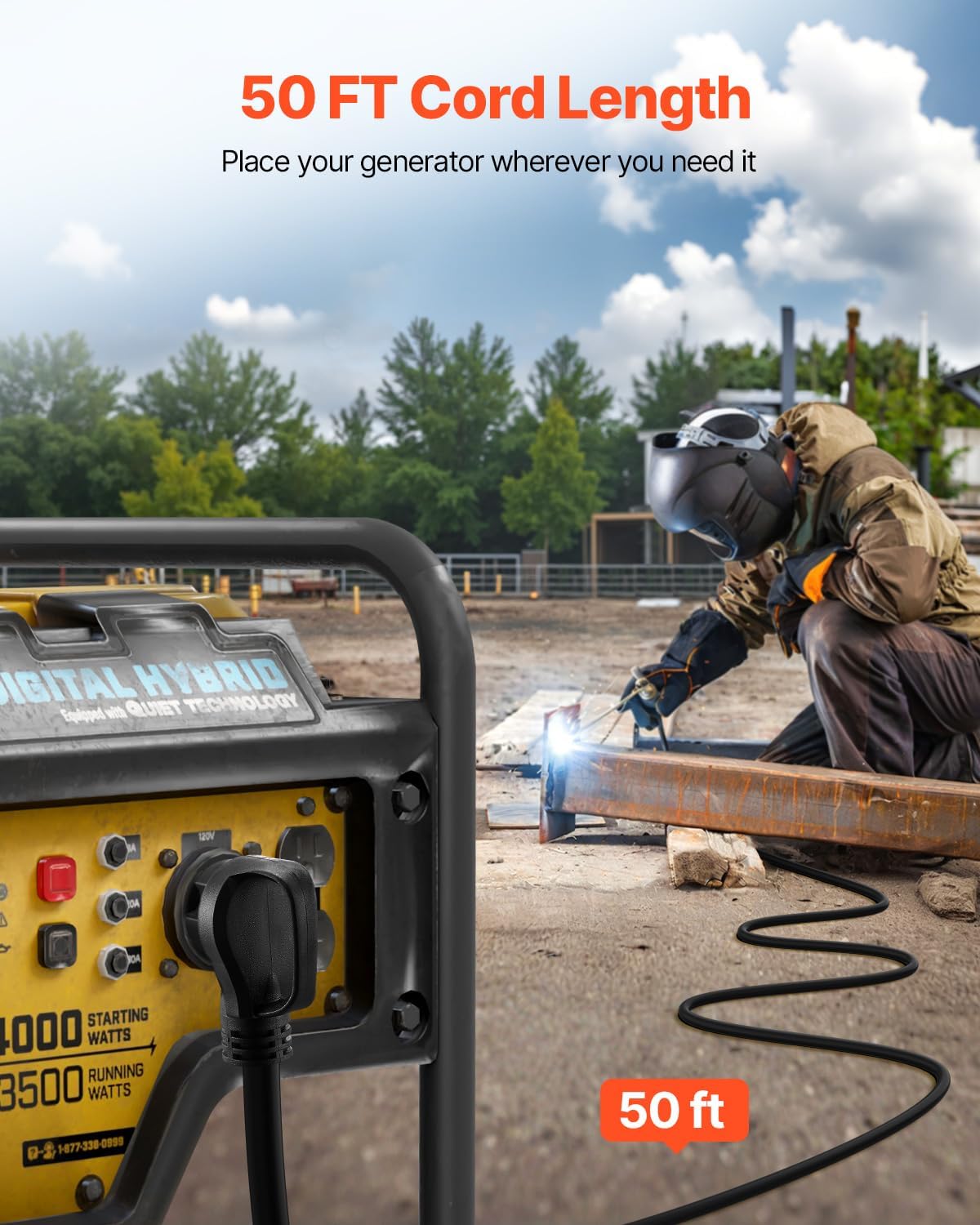 VEVOR 40-Amp Generator Extension Cord 50FT, 8AWG 7500W Heavy Duty Power Cord, NEMA 6-50P to 6-50R STW Welder Cord, ETL Listed for Generator & Welder with Storage Bag