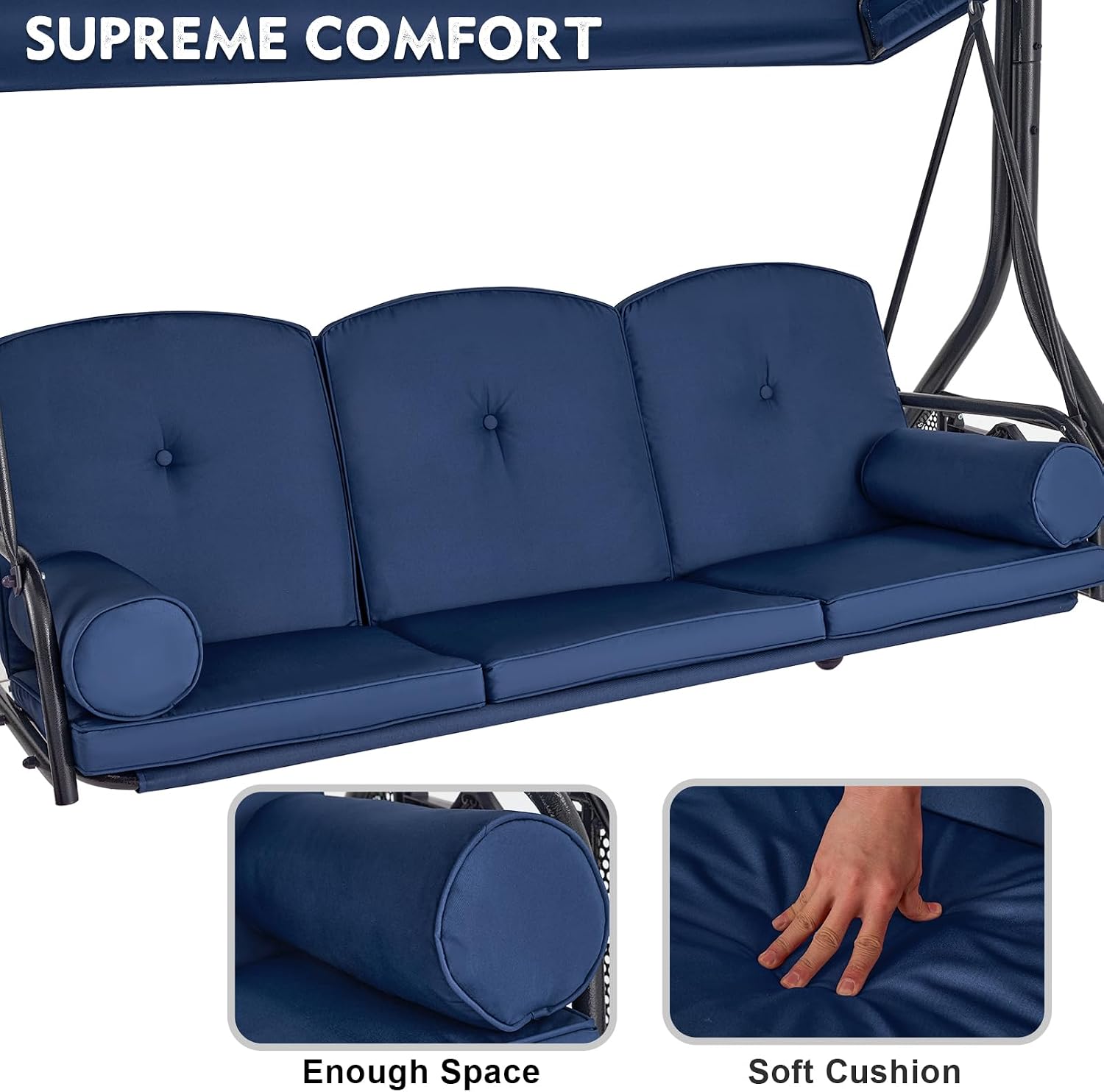 HOMREST 3 Seat Outdoor Porch Swing with Adjustable Canopy, Convertible Patio Swing Bed with Stand, Patio Glider Swing with Upgraded Cup Holder, Thicken Cushions ＆ Pillow for Backyard(Blue)