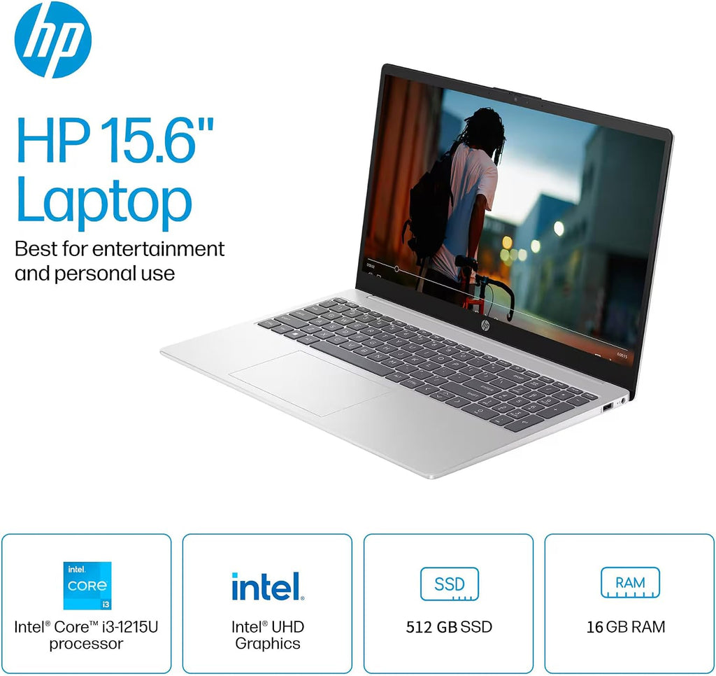HP 15.6' Touchscreen Laptop for Business & Students - Intel 6-core i3 Processor(Up to 4.4 GHz), 16 GB RAM, 512 GB SSD, Intel UHD GPU, Wi-Fi 6E, Long Battery Life, Windows 11 Pro, Copilot, Accessories