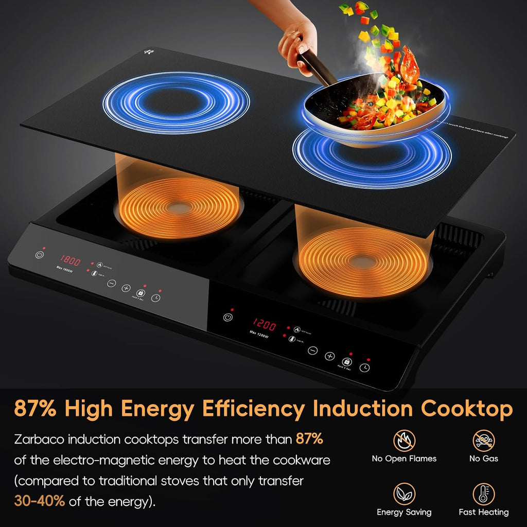 Double Induction Cooktop, 1800W Portable Induction Cooktop 2 Burner Independent Touch Control, Ceramic Electric Stove with 9 Temperature and Power Level, Safety Lock, 3 Hour Timer - Black