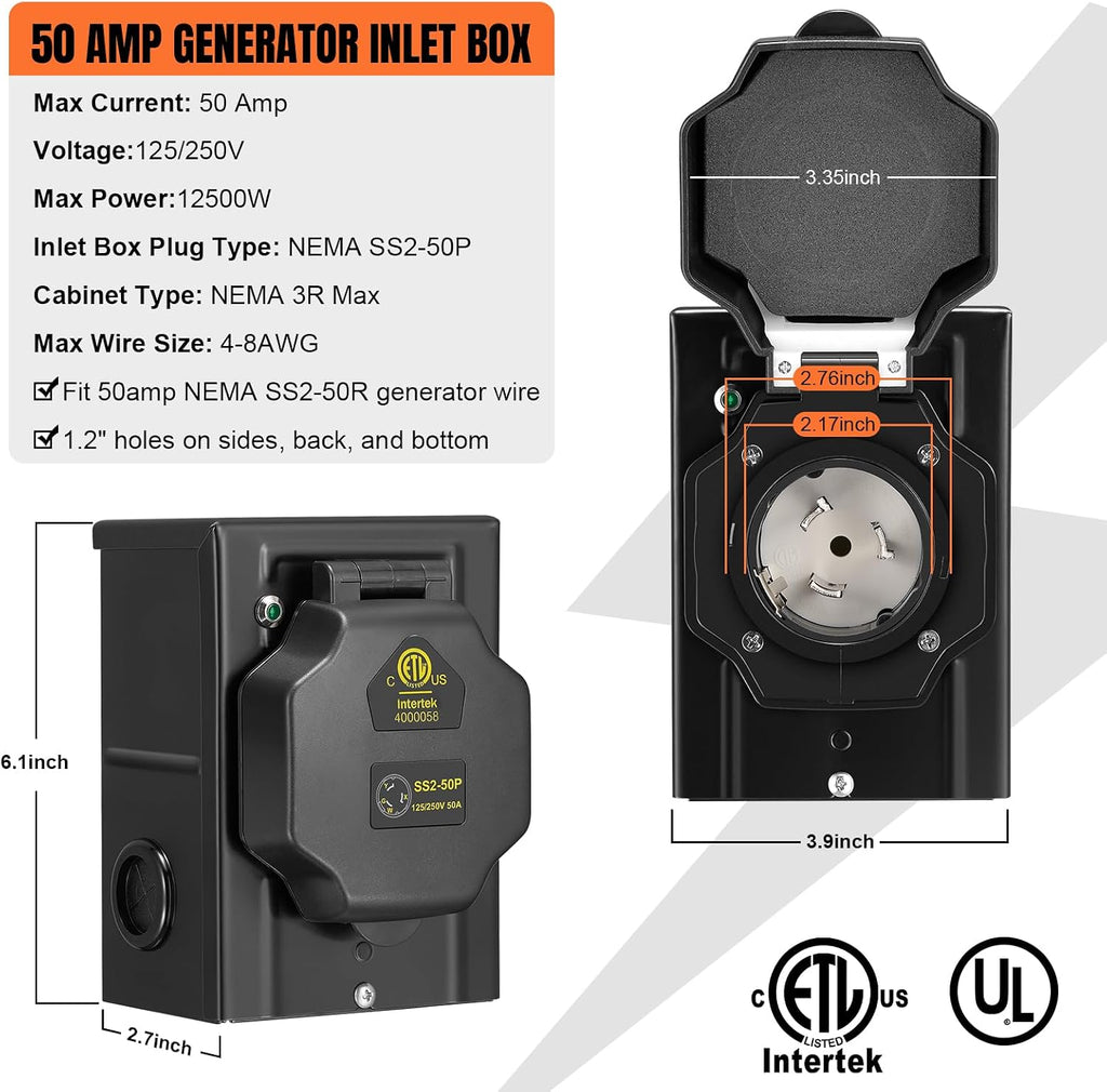 25FT 50 Amp Generator Cord with Pre-Drilled Power Inlet Box,Heavy Duty Generator Power Cord 4 Prong,125/250V,NEMA 14-50P Male to SS2-50R & CS6364,Waterproof,ETL Listed,Home/RV Power Supply