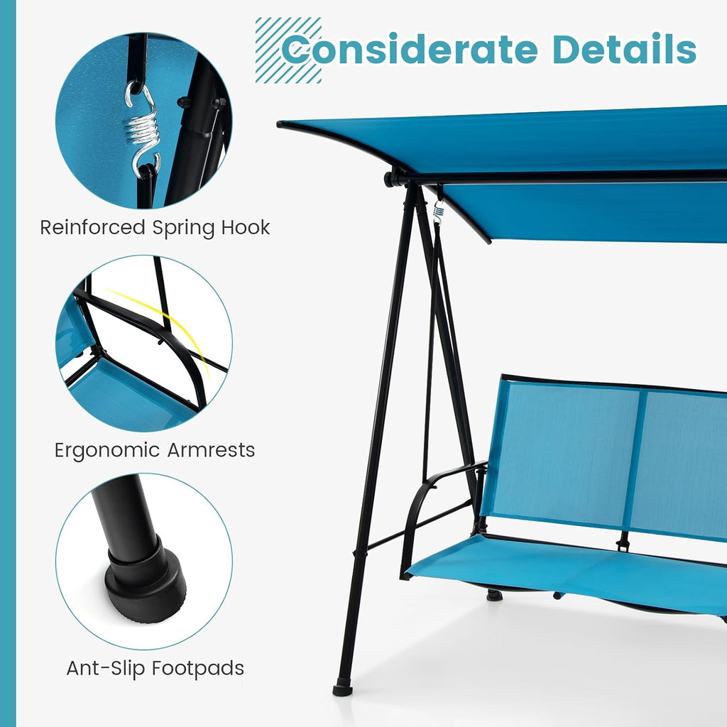 HAPPYGRILL Outdoor Patio Swing for 2 Person, Porch Swing Chair w/Adjustable Canopy, Heavy-Duty Metal Frame, Breathable Seat Fabric, Patio Loveseat Swing for Backyard, Balcony, Poolside