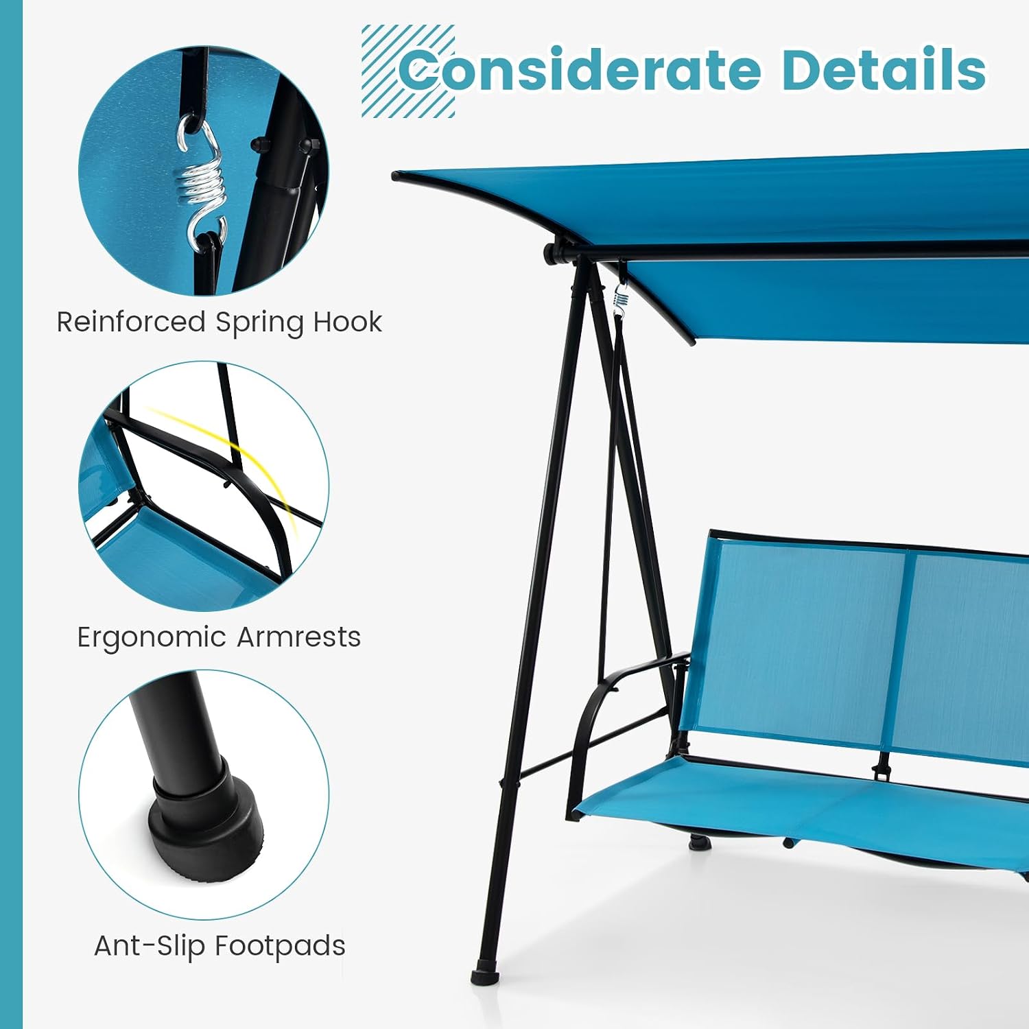 HAPPYGRILL Outdoor Patio Swing for 2 Person, Porch Swing Chair w/Adjustable Canopy, Heavy-Duty Metal Frame, Breathable Seat Fabric, Patio Loveseat Swing for Backyard, Balcony, Poolside
