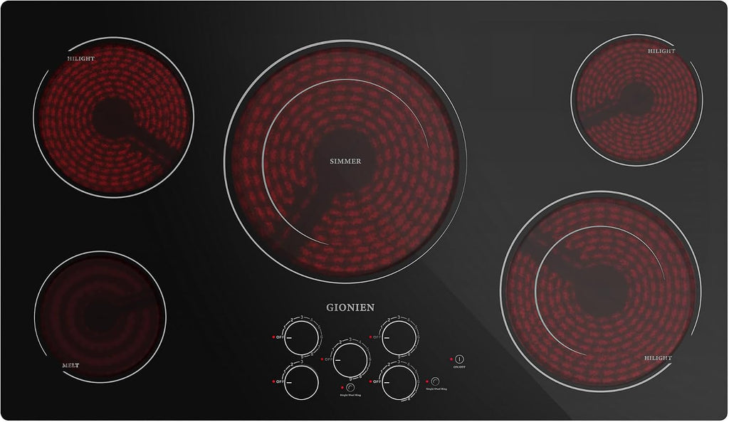 Electric Cooktop 36 Inch 240V,Built-in Electric Stove Top 5 Burners,Knob & Touch Control,9 Power Levels, 500W Warmer,Multiple Safety Protection,Dual-ring Burner,9000W,Hard Wire