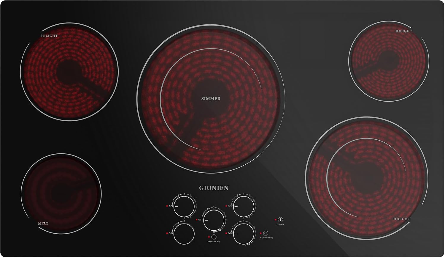 Electric Cooktop 36 Inch 240V,Built-in Electric Stove Top 5 Burners,Knob & Touch Control,9 Power Levels, 500W Warmer,Multiple Safety Protection,Dual-ring Burner,9000W,Hard Wire