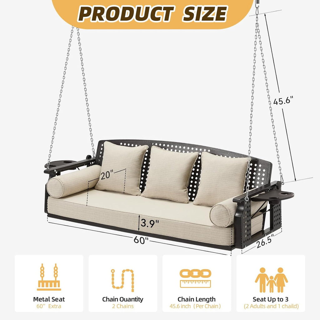 3 Seat Hanging Porch Swing, Patio Swing Bench with Cup Holders & 3 Back Cushions, Swing Chair with Chains for Deck Garden Backyard,Beige(60-Inch Width)