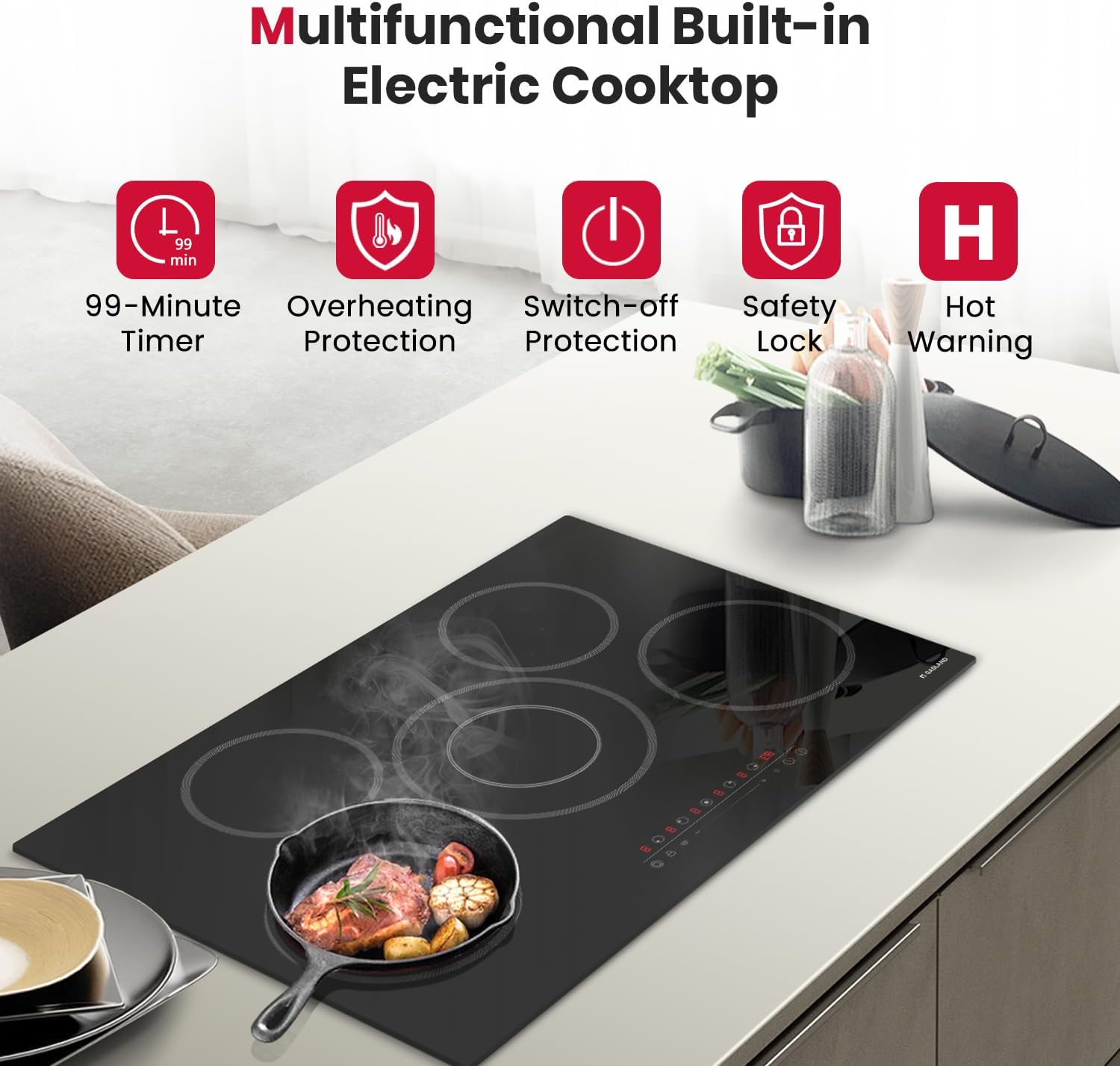 GASLAND 30 Inch Electric Cooktop 5 Burners, 8200W Built-in Radiant Glass Stove Top, 220V Electric Ceramic Cooktop with 9 Power Levels, Slide Touch Control, Child Safety Lock &Timer, Hard Wire