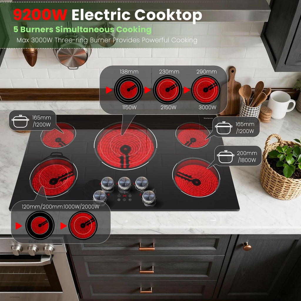 Electric Cooktop 36 Inch Karienvir, 5 Burner 9200W Electric Stove Top with Dual-Ring & Triple-Ring Burners, 220V-240V Hardwired Cooktop, 36' Cook top With Knob Control 9 Level Power, Timer, Lock