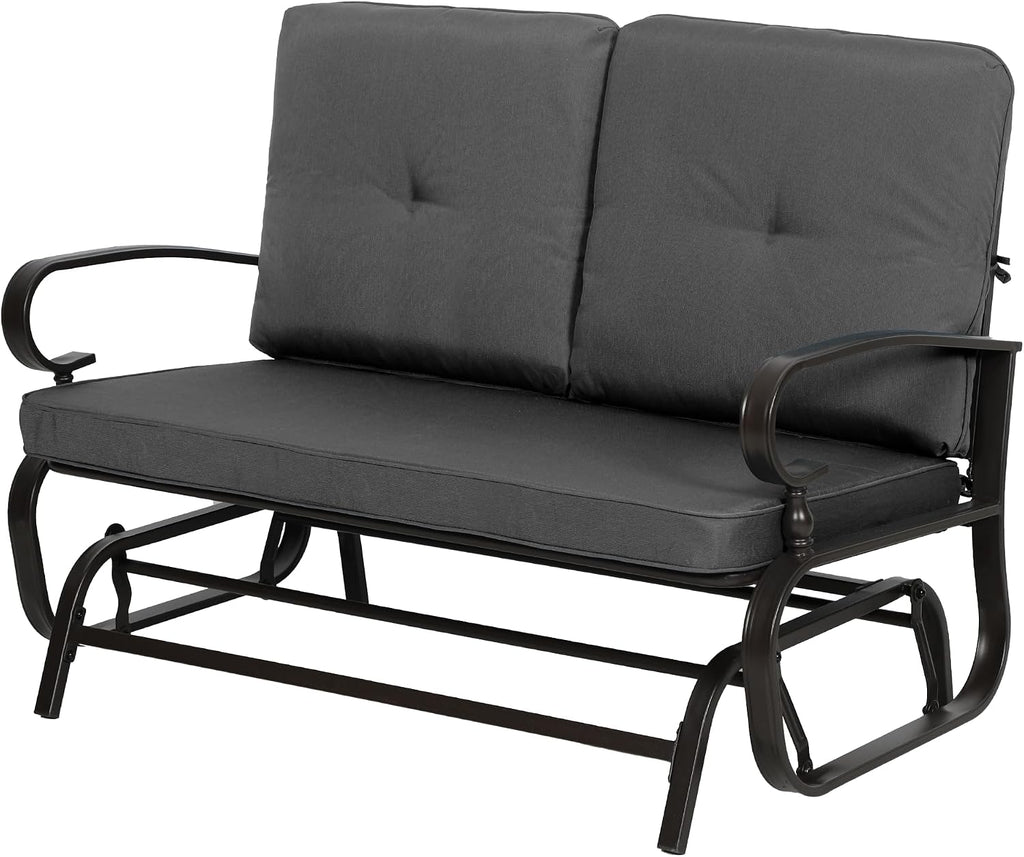 Outdoor Bench Patio Swing Glider Loveseat 2 Seats Rocking Chair, Wrought Iron Gliders for Outside Patio with Cushion (Grey)