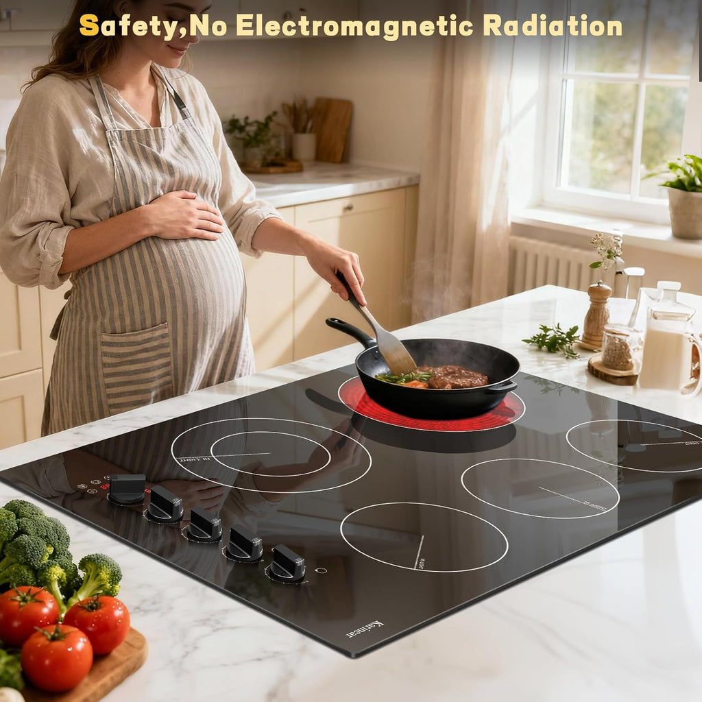 Karinear 30 inch Electric Cooktop, 8600W 5 Burner Radiant Electric Stove Top, Knob & Touch Control with 9 Power Levels, Expandable Zone, Timer, Child Safety Lock, 240V Hardwired