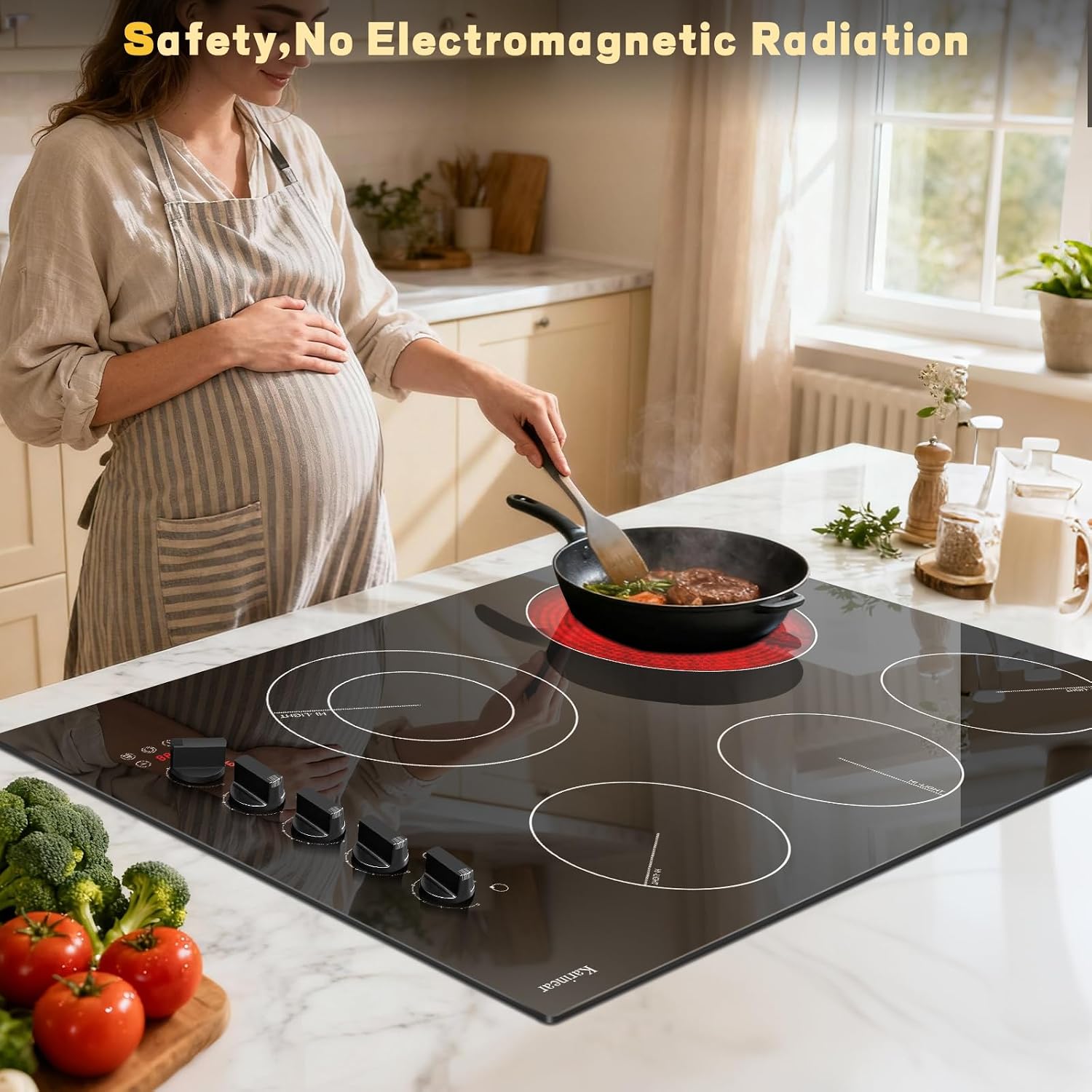Karinear 30 inch Electric Cooktop, 8600W 5 Burner Radiant Electric Stove Top, Knob & Touch Control with 9 Power Levels, Expandable Zone, Timer, Child Safety Lock, 240V Hardwired