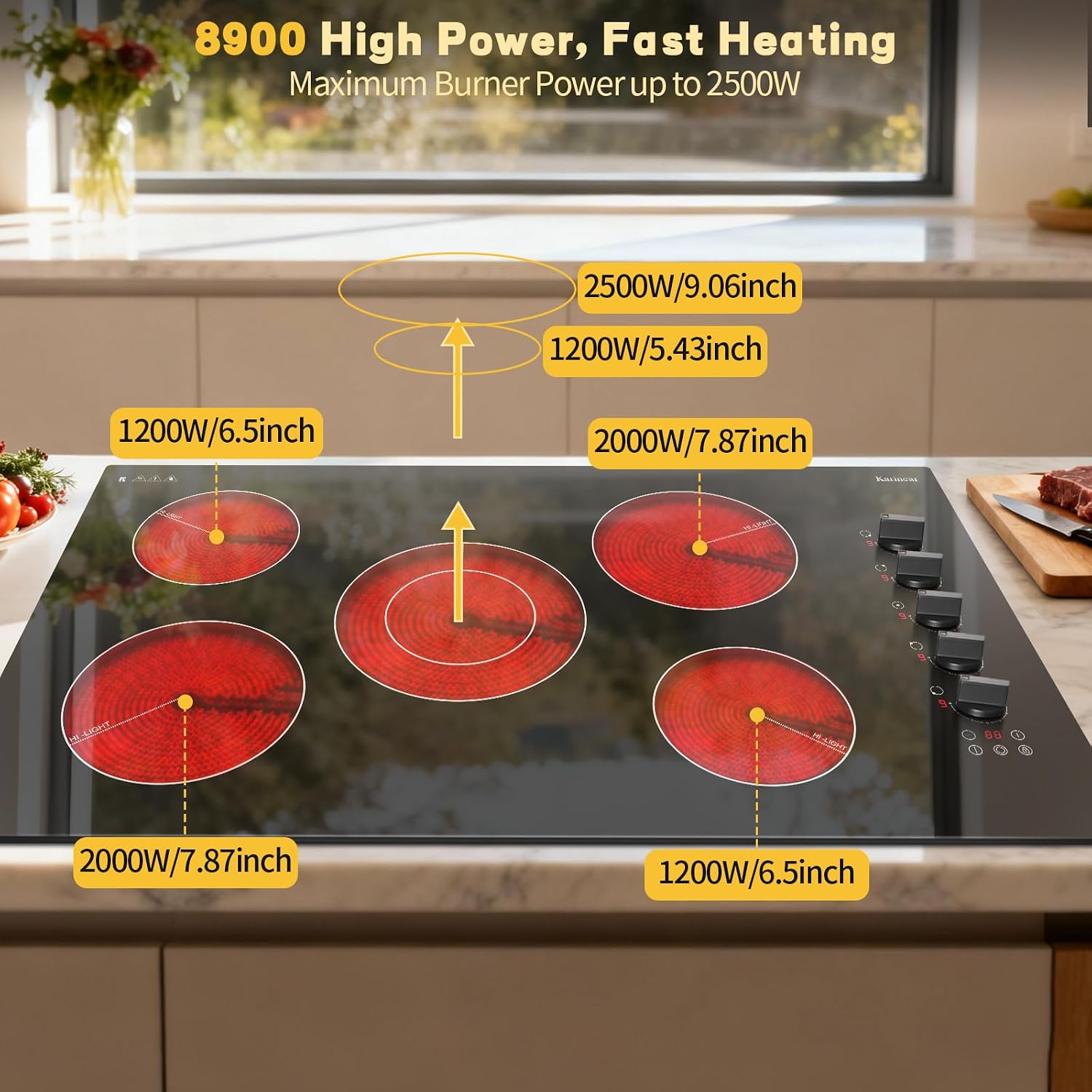 Karinear 36 Inch Electric Ceramic Cooktop, 5 Burner Radiant Electric Stove Top with Knob & Touch Control, 8900W High-Power Built-in Hob, 9 Heat Levels, 99-Min Timer, Child Lock, 240V Hardwired