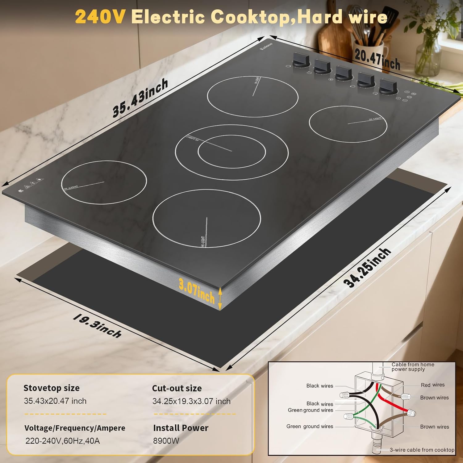 Karinear 36 Inch Electric Ceramic Cooktop, 5 Burner Radiant Electric Stove Top with Knob & Touch Control, 8900W High-Power Built-in Hob, 9 Heat Levels, 99-Min Timer, Child Lock, 240V Hardwired