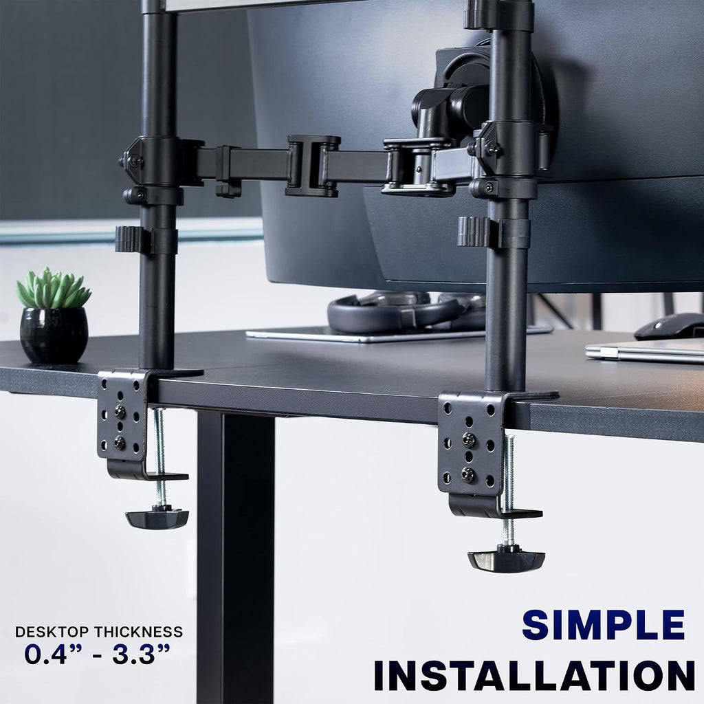 VIVO Clamp-on Dual Pole Triple Monitor Desk Mount for 1 Center Utrawide up to 49 inches and 59.4 lbs, 2 Side Screens up to 38 inches and 17.6 lbs, Low Profile Adjustable Stand, Black, STAND-V300CU