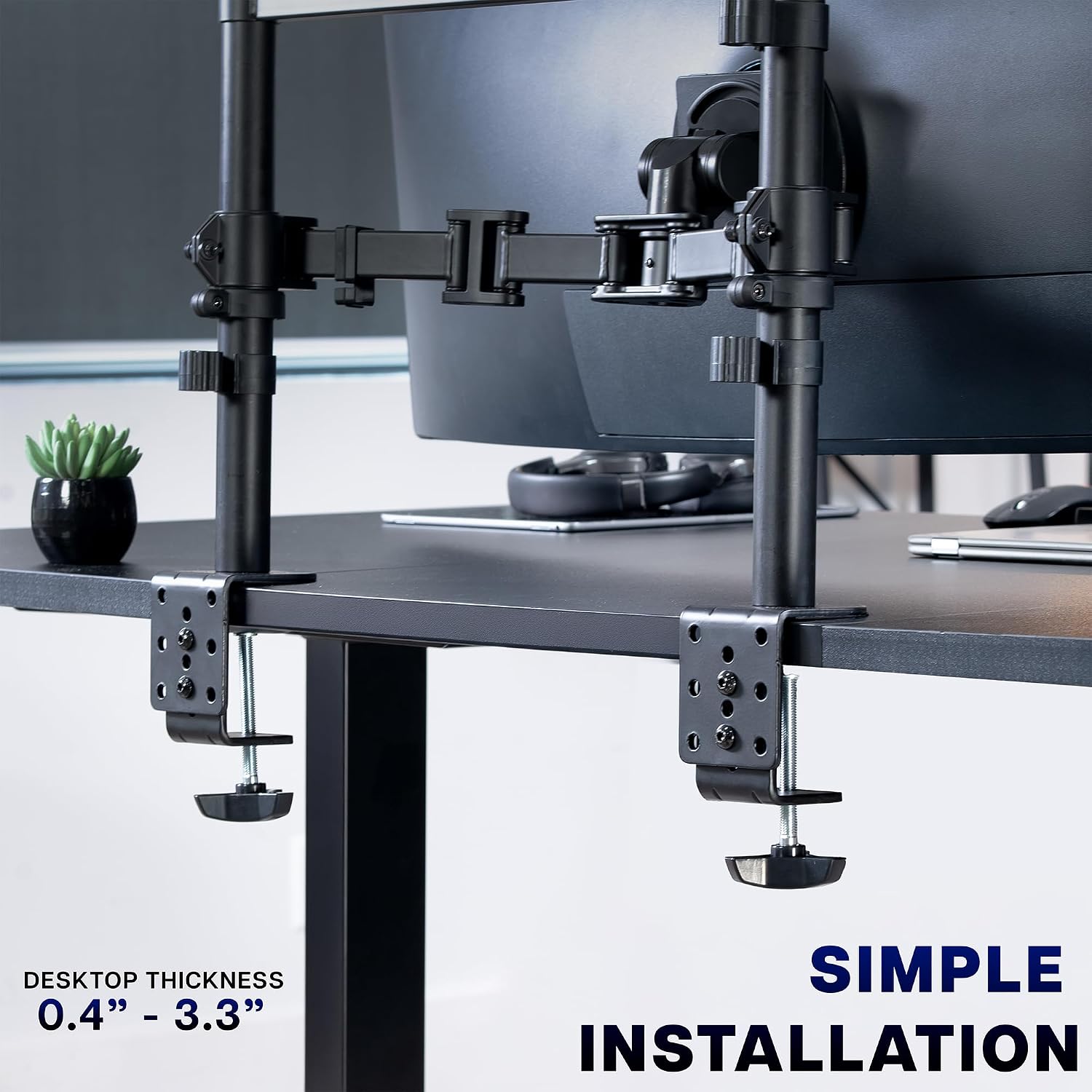 VIVO Clamp-on Dual Pole Triple Monitor Desk Mount for 1 Center Utrawide up to 49 inches and 59.4 lbs, 2 Side Screens up to 38 inches and 17.6 lbs, Low Profile Adjustable Stand, Black, STAND-V300CU