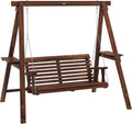 Outsunny 2-Seat orch Swing with Stand, Wooden Patio Swing Chair with Side Tables and Metal Chains, Outdoor Hanging Bench for Garden, Poolside, Backyard, Carbonized