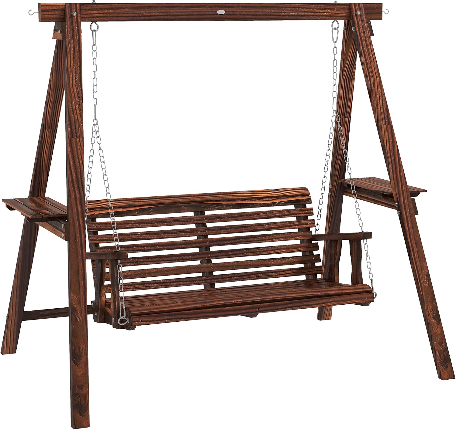Outsunny 2-Seat orch Swing with Stand, Wooden Patio Swing Chair with Side Tables and Metal Chains, Outdoor Hanging Bench for Garden, Poolside, Backyard, Carbonized
