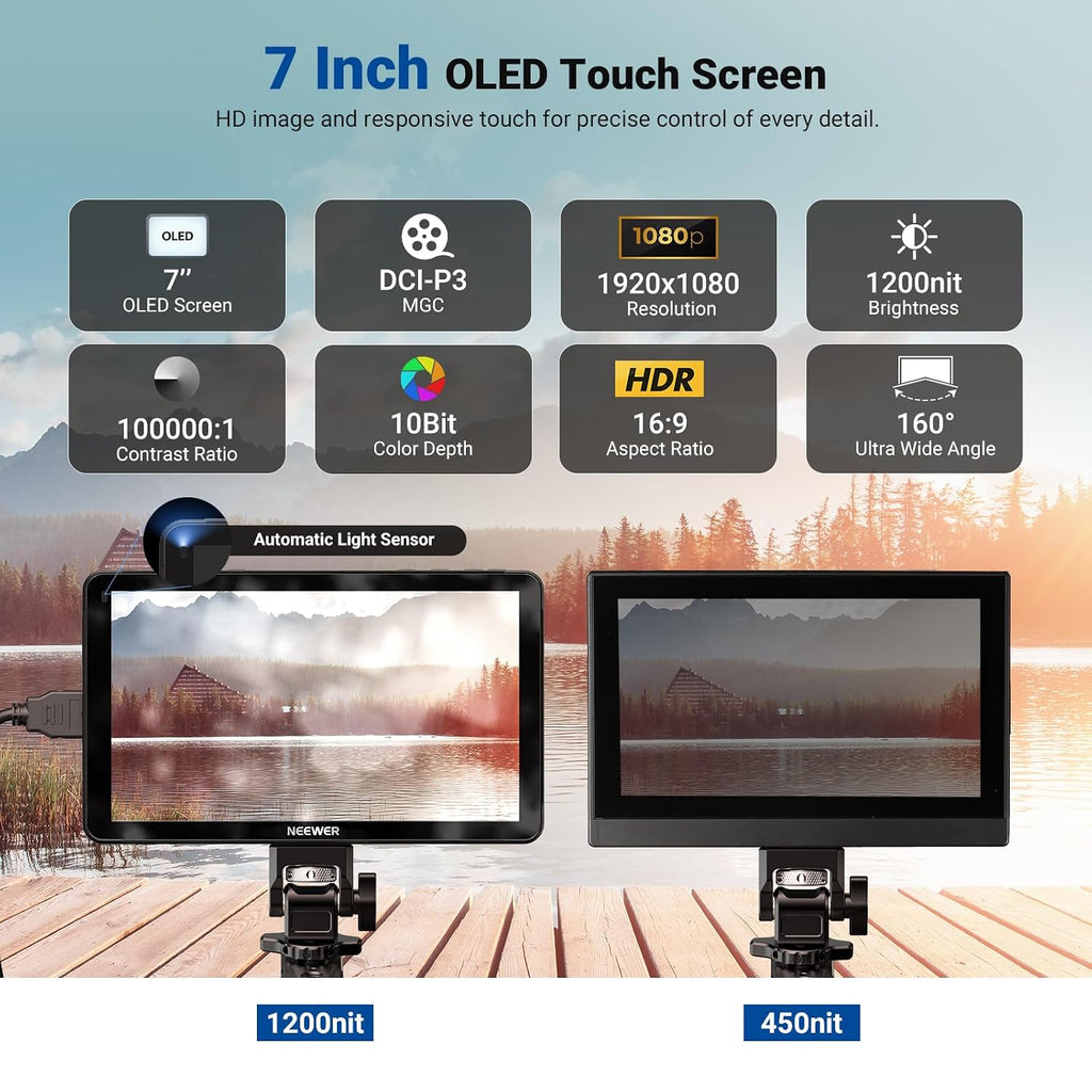 NEEWER 7' DSLR Camera Field Monitor, 1200nits 1920x1080 Touchscreen, 4K HDMI Loop in/Out with 3D LUT Peak Focus Video Assist HDR Waveform/SDI/2 4400mAh F750 Batteries for Photography Filmmaking, F700U