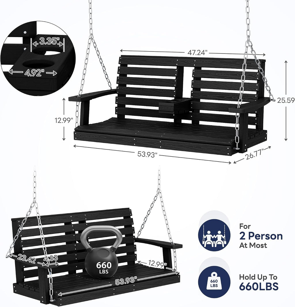 KINGYES Outdoor Hanging Porch Swing Set of 4, 2 Seat Patio Chair With Cup Holders, Waterproof Bench for Courtyard & Garden, 660LBS Weight Capacity, Black