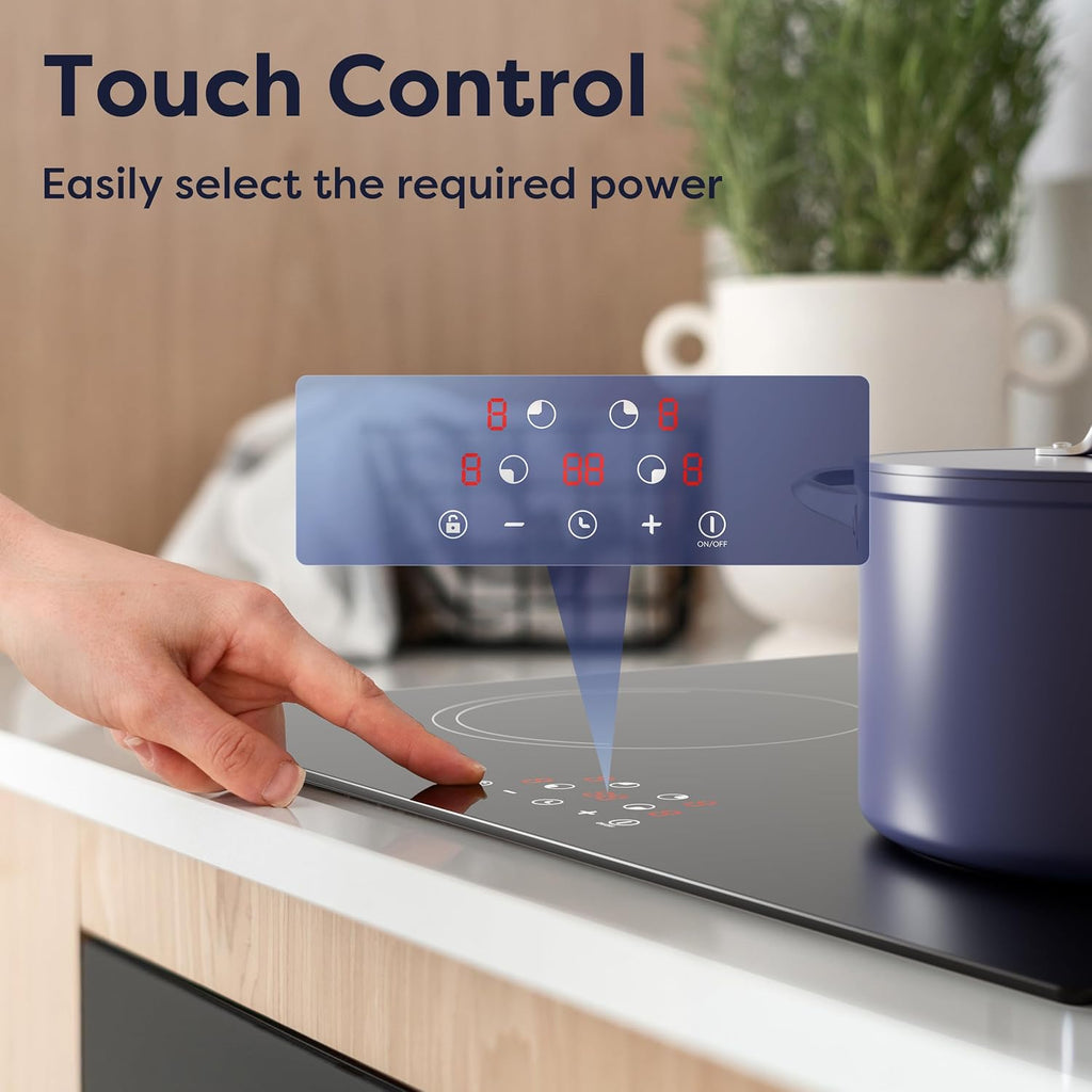 CDV 6000W Built-in Induction Cooktop 4 Burners, 24 Inch Electric Cooktop Touch Control Ceramic Glass Plate 9 Power Levels Fast Heating Child Safety Lock