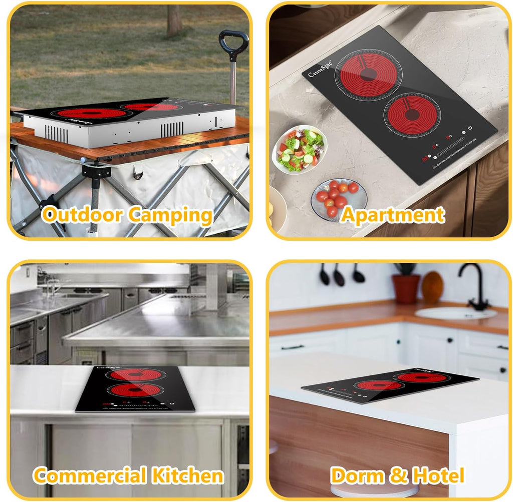 2 Burner Electric Cooktop, 110-120V Plug In Countertop Stove, Touch Control with 99-Min Timer, Child Lock & Auto Shutoff, 12 Inch Radiant Cooktop for Indoor Cooking