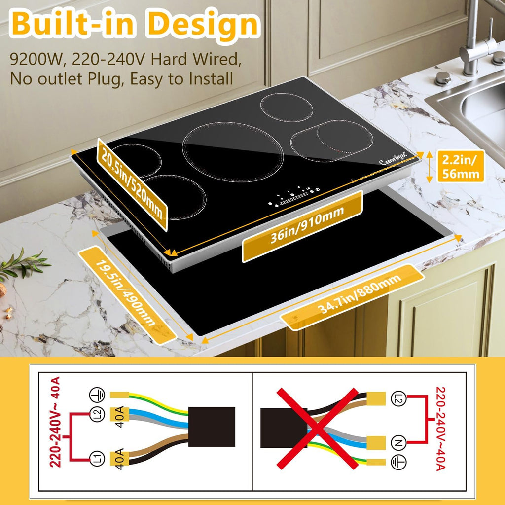 36 Inch Electric Cooktop 5 Burner, 9200W Built-In Ceramic Radiant Stove Top, 240V Hardwired, Works with All Cookware, Touch Control, Timer, Child Lock, Easy Clean Glass Surface