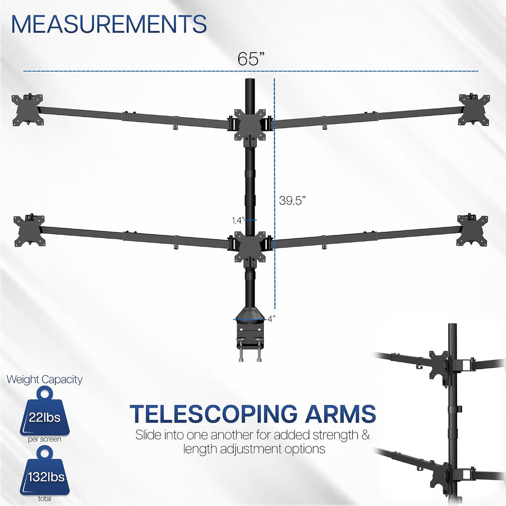 VIVO Premium Hex Ultra Wide LCD LED 27 to 38 inch Monitor Desk Mount, Heavy Duty C-clamp, Extra Tall Pole, Adjustable Telescoping Arms, Flush Wall Setup, Fits 6 Screens, Black, STAND-TS06C