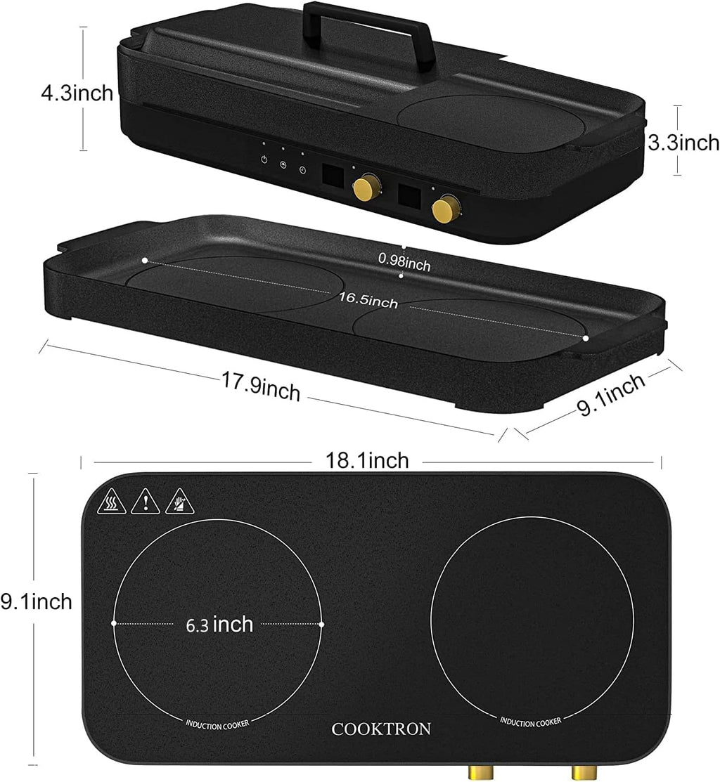 COOKTRON Portable Induction Cooktop 2 Burner with Removable Iron Cast Griddle Pan Non-stick, 1800W Double Induction Cooktop with Child Safety Lock & Time, Great for Family Party