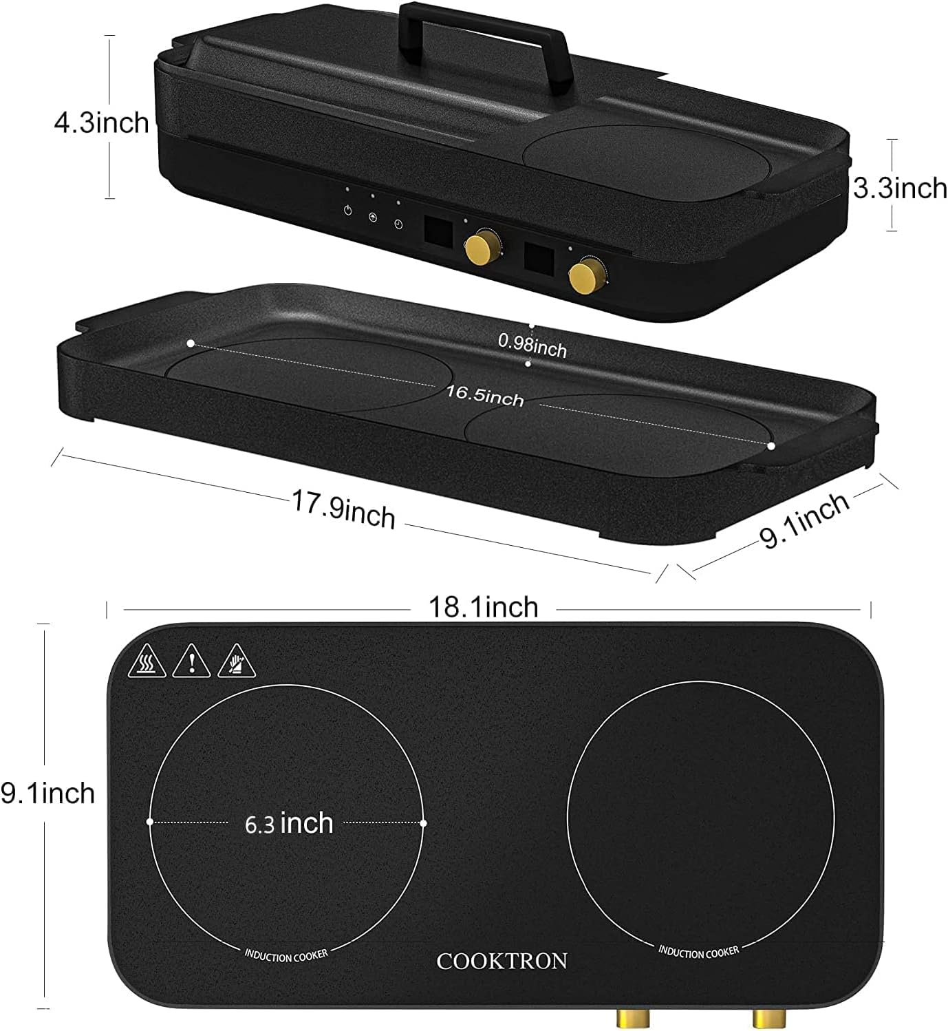 COOKTRON Portable Induction Cooktop 2 Burner with Removable Iron Cast Griddle Pan Non-stick, 1800W Double Induction Cooktop with Child Safety Lock & Time, Great for Family Party