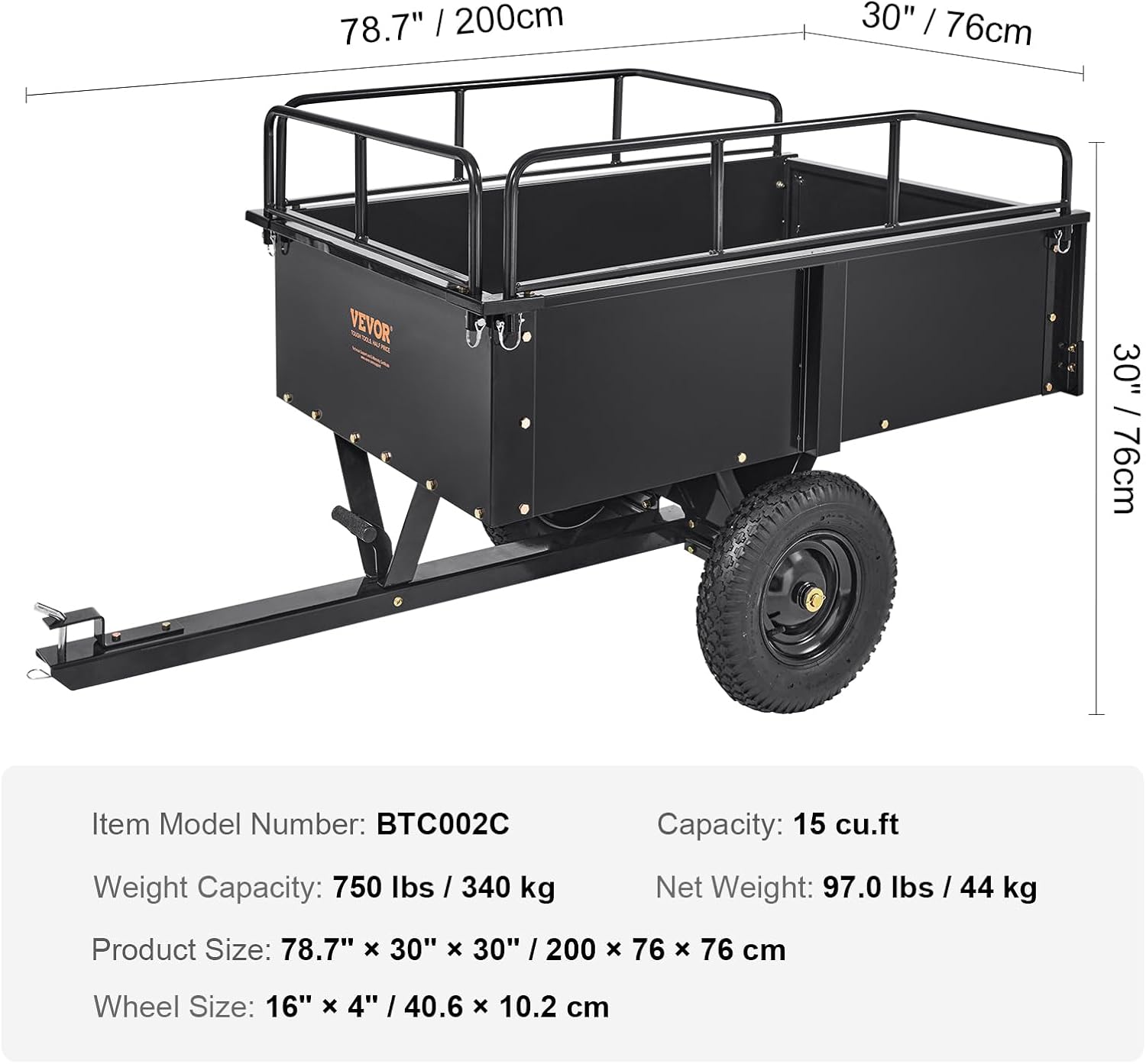 VEVOR Heavy Duty ATV Trailer Steel Dump Cart, 750 lbs 15 Cubic Feet, Garden Utility Trailer Yard Trailers with Removable Sides for Riding Lawn Mower Tractor