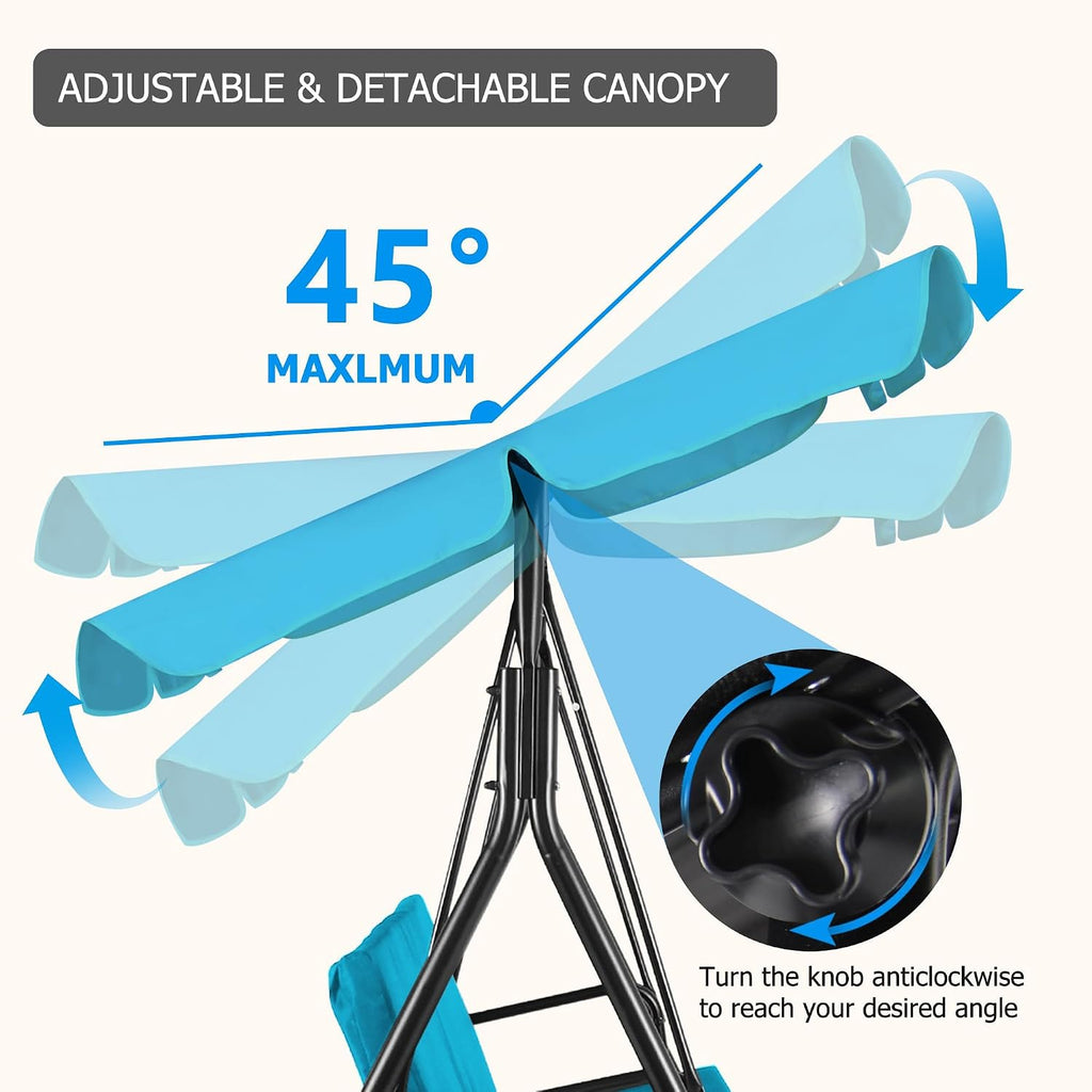 GARTOO 3-Seat Patio Swing Chair, Outdoor Porch Swing with Adjustable Canopy and Durable Steel Frame for Patio, Garden, Poolside(Turquoise)