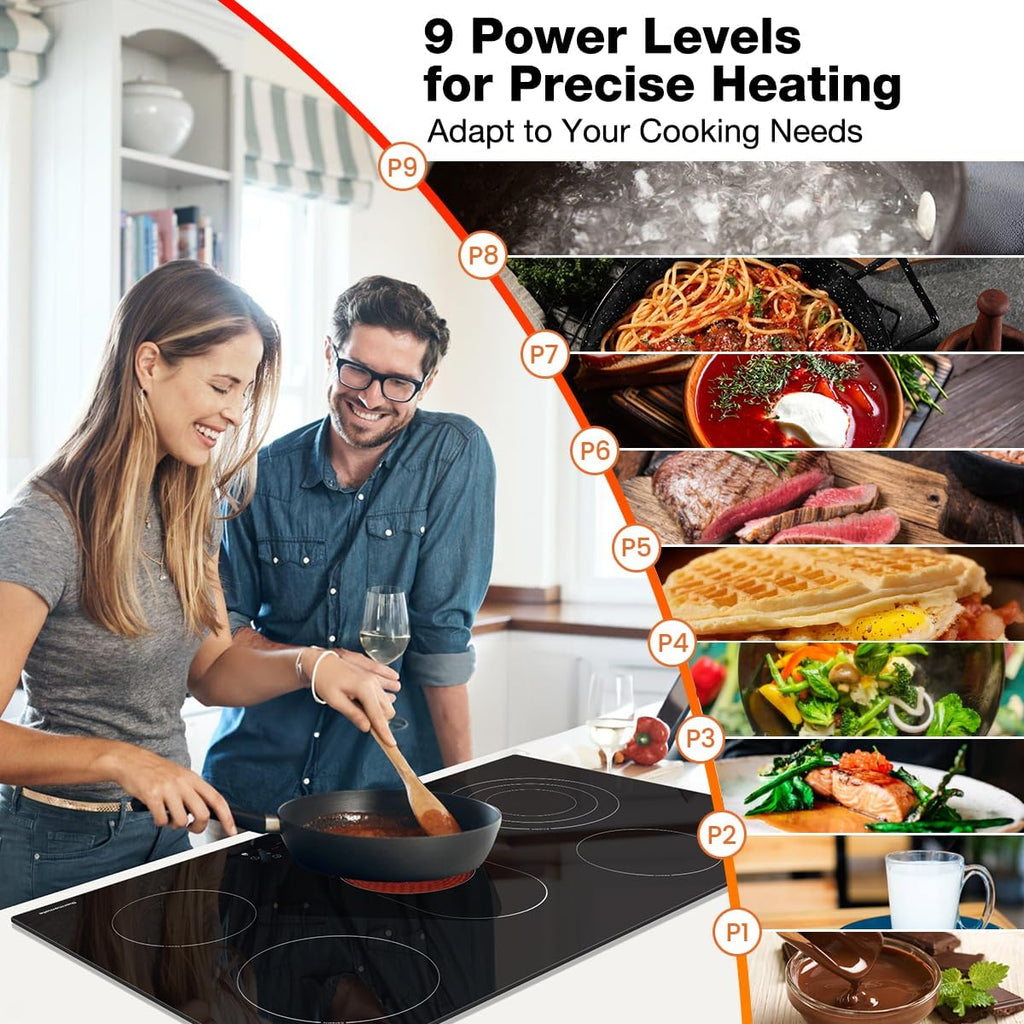 ThermoMate 36 Inch Electric Cooktop 5 Burners, 36' Built in Radiant Electric Stove Top, 8500W Ceramic Cooktop with Touch Control, 9 Heating Level, Chlid Lock & Timer, 220-240V Hard Wire ETL Listed